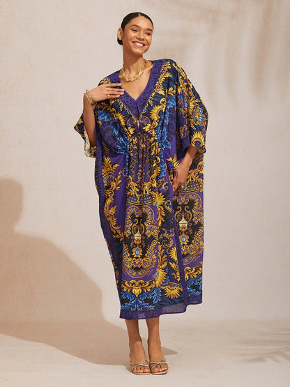 Midnight Blue Baroque Flowy Chiffon Dolman Sleeve Kaftan