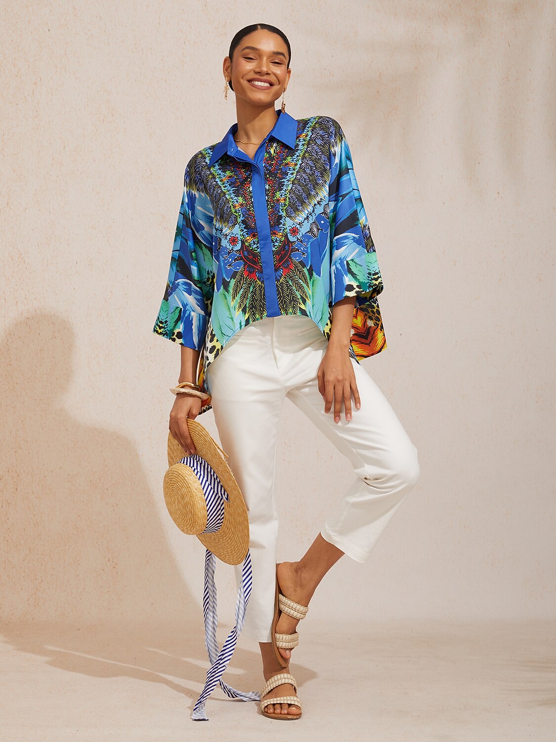 Pastel Floral Garden Satin Dolman Sleeve Button Down Shirt