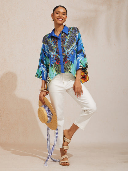 Mallorca Blossom Silky Satin Dolman Sleeve Button Down Shirt