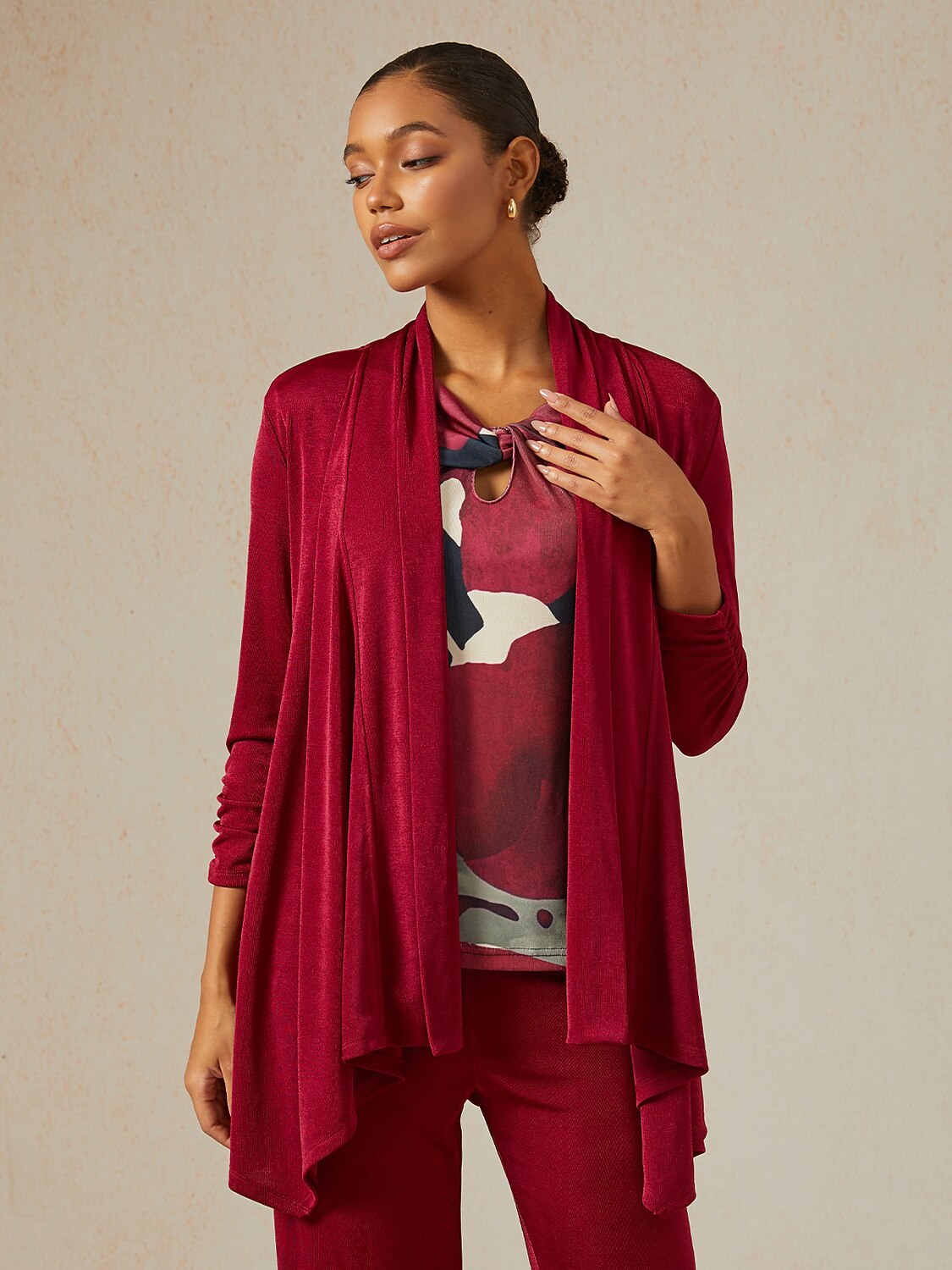 Acetate Look Stretch Knit Ruched Sleeve Jacket