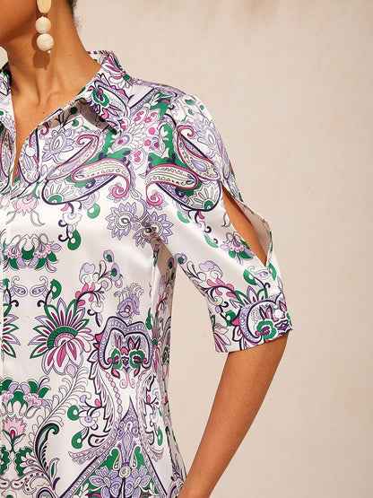 Mint Paisley Flora Silky Satin Shirt Dress
