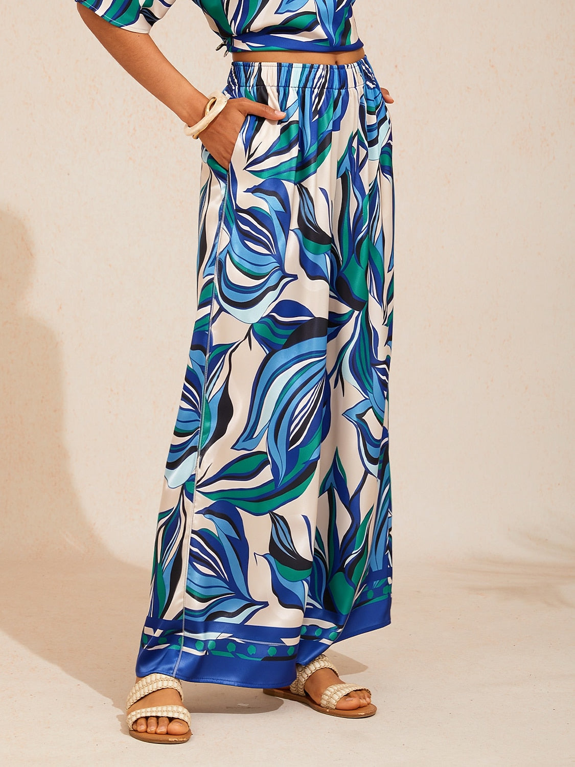 Marble Flora Silky Satin Wide Leg Pants