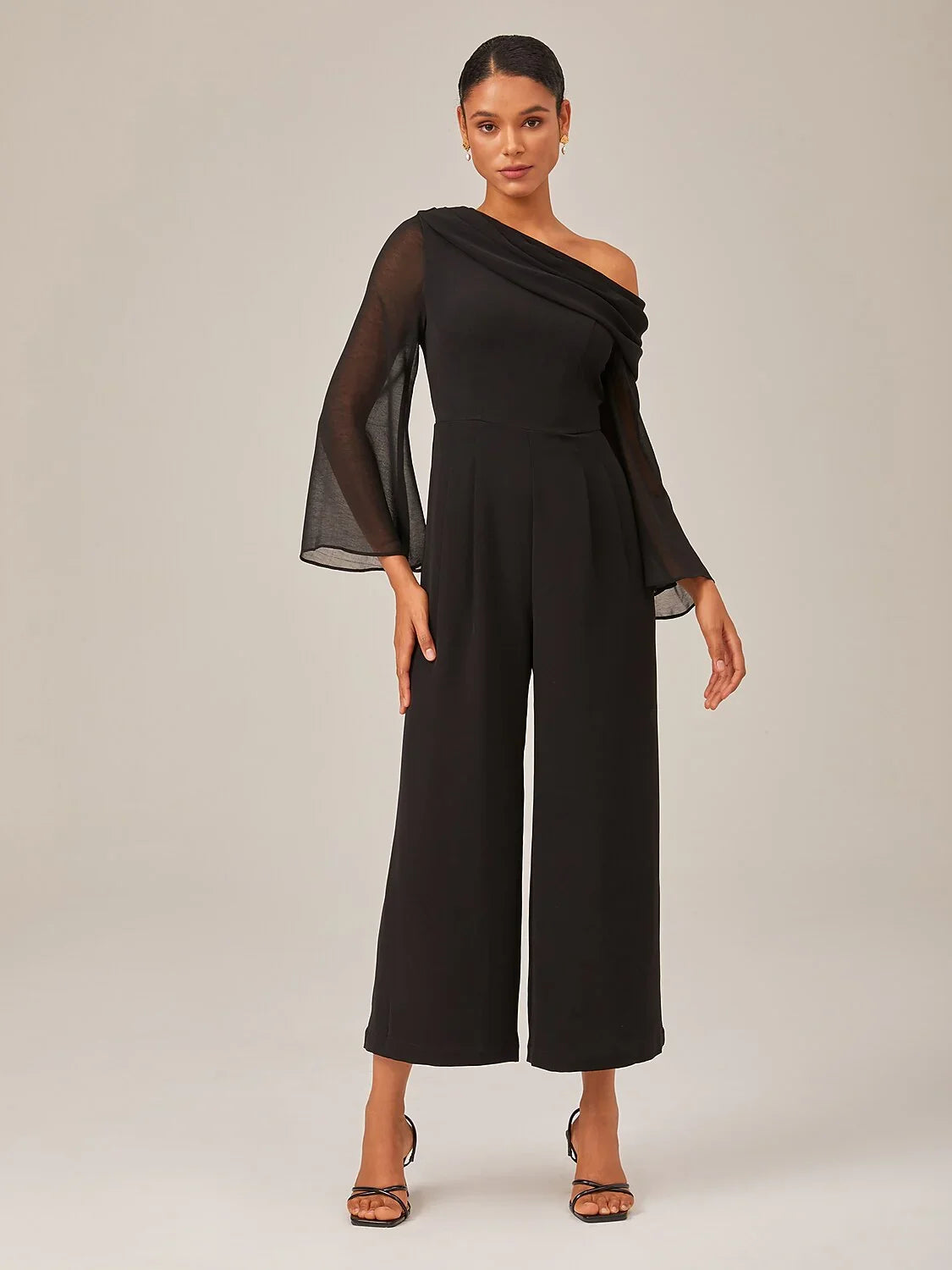Draped Asymmetric Shoulder Elegant Black Jumpsuit