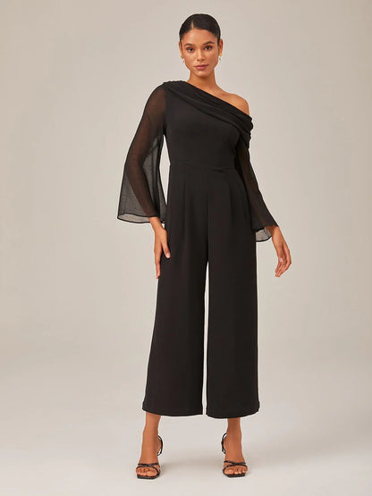 Draped Asymmetric Shoulder Elegant Black Jumpsuit