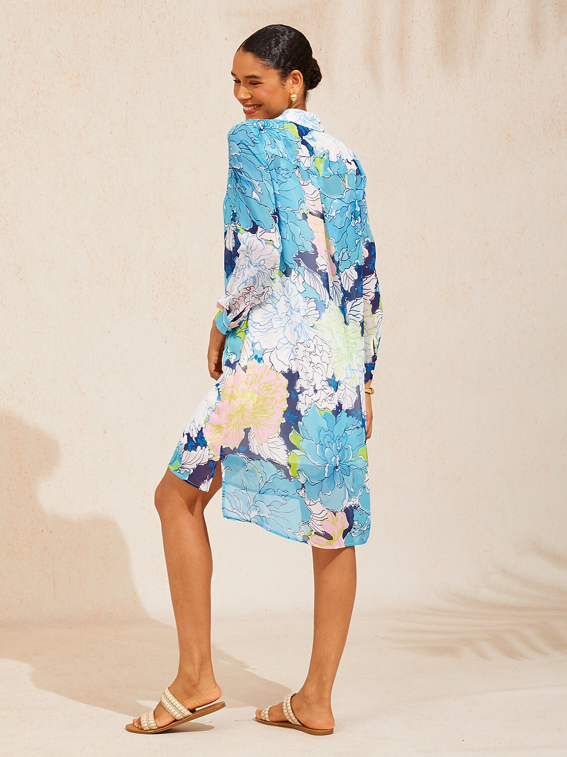 Azure Leaves Chiffon Shirt Dress