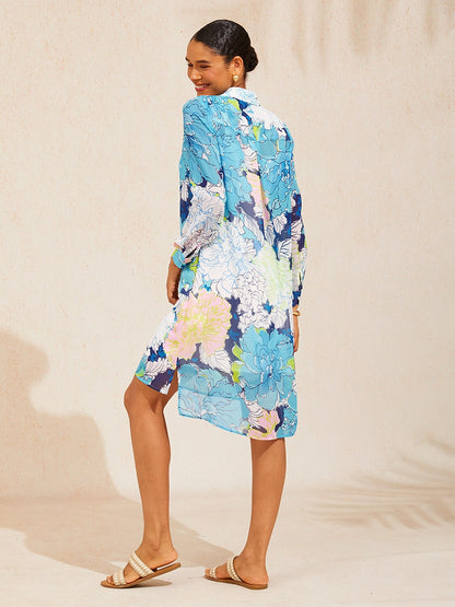 Azure Leaves Chiffon Shirt Dress