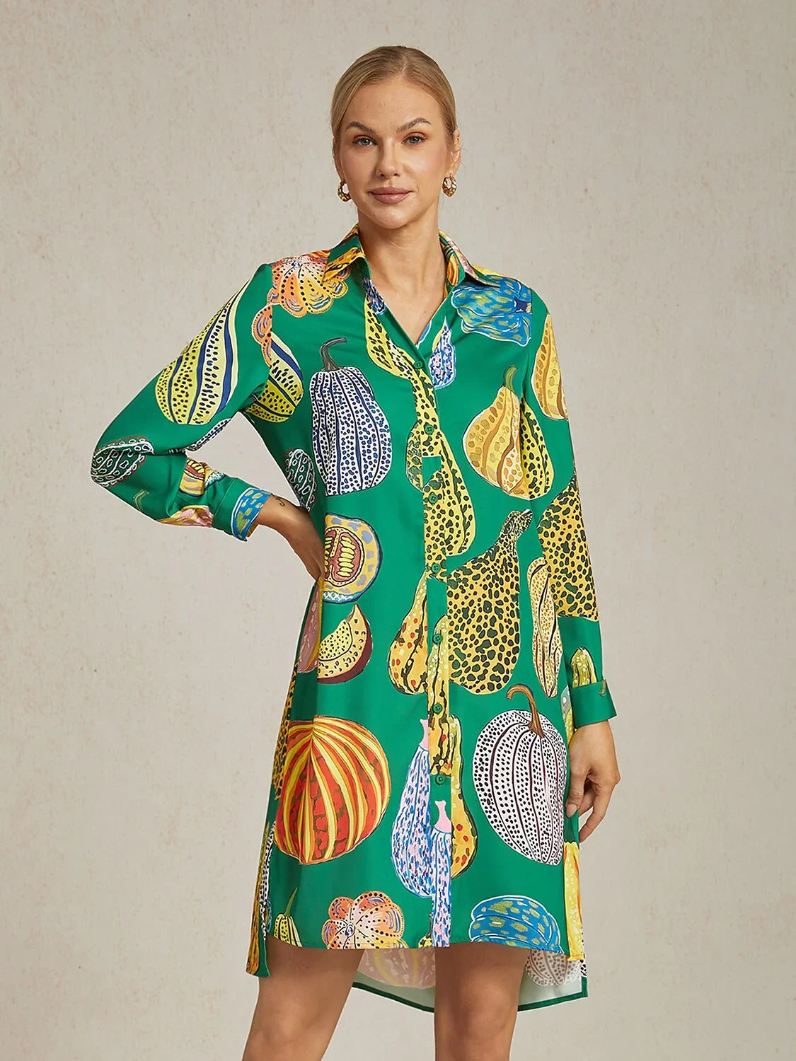 Pumpkin Print Split Hem Shirt Dress