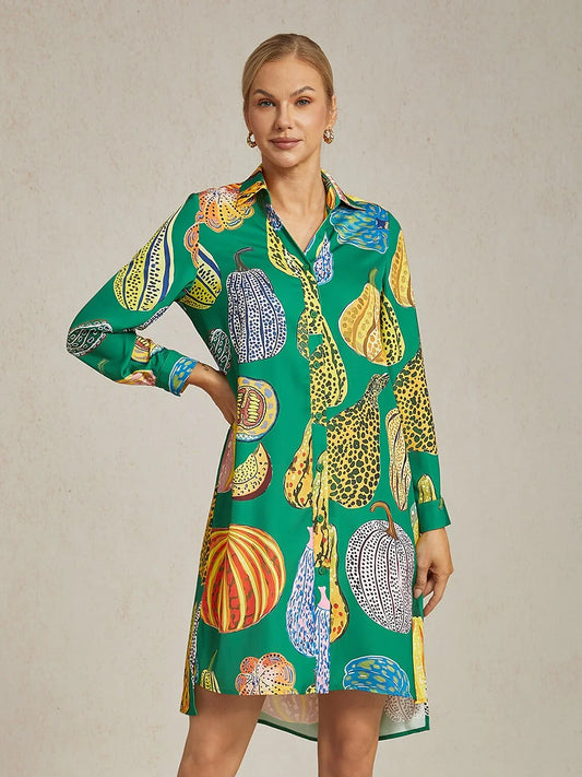 Pumpkin Print Split Hem Shirt Dress