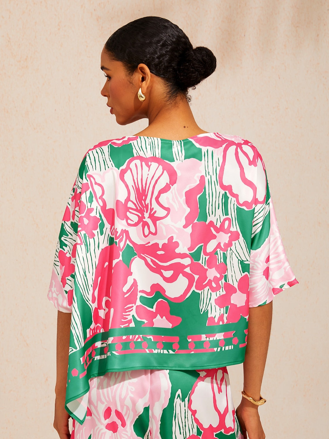 Pastel Floral Garden Silky Satin Dolman Batwing Top