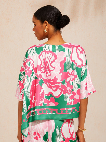 Pastel Floral Garden Silky Satin Dolman Batwing Top