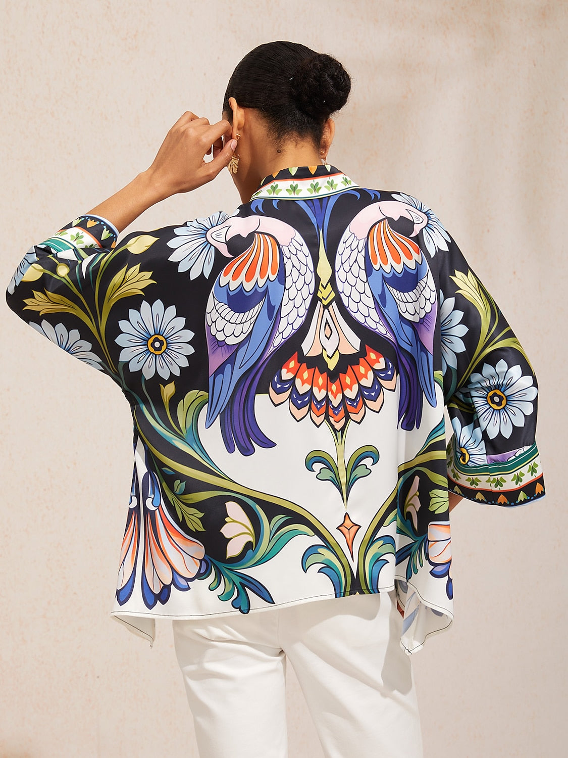 Mallorca Blossom Silky Satin Dolman Sleeve Button Down Shirt