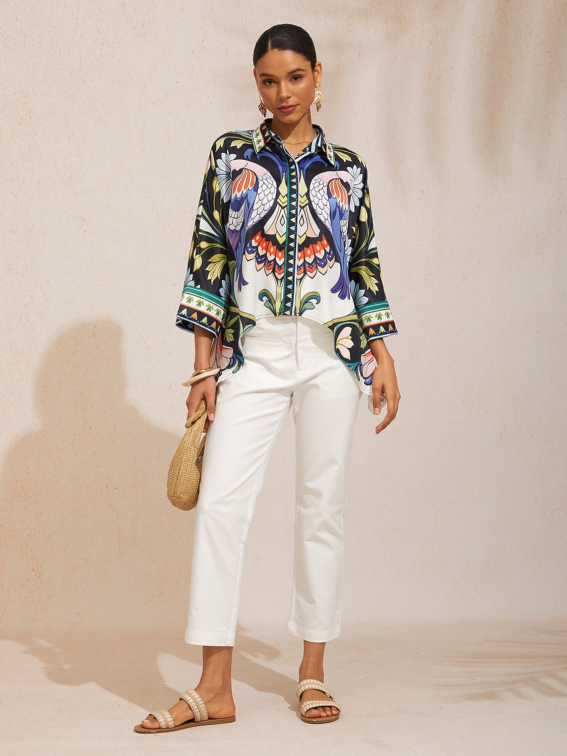 Mallorca Blossom Silky Satin Dolman Sleeve Button Down Shirt