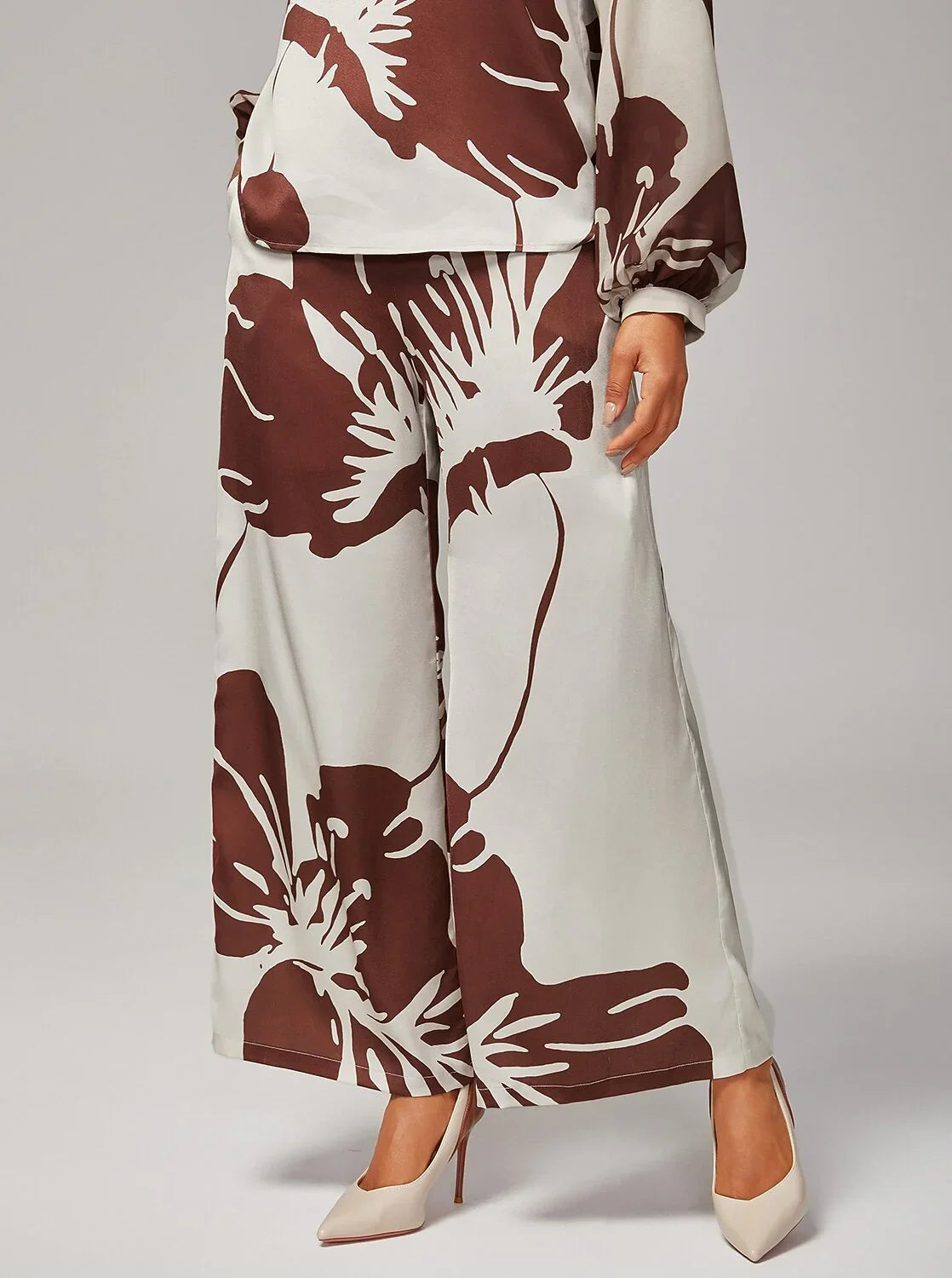 Abstract Floral Elastic Waist Wide-Leg Satin Pants