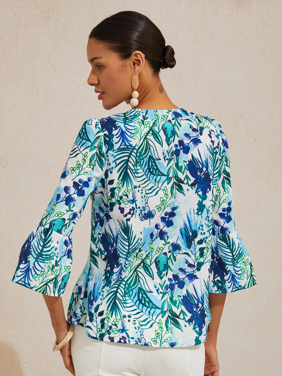 Cobalt Flora Reverie Linen Look V Neck Blouse