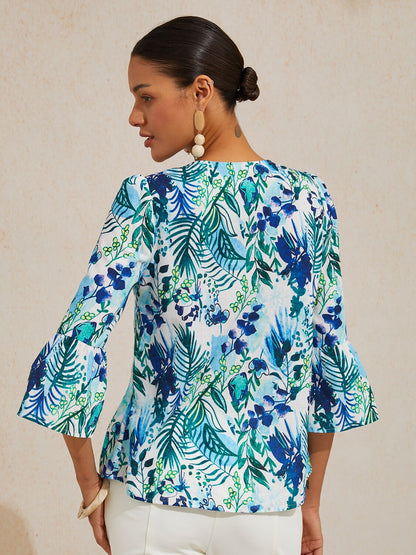 Cobalt Flora Reverie Linen Look V Neck Blouse