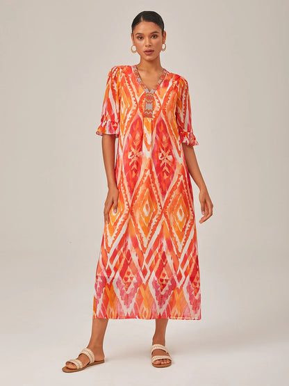 Chiffon-Midi-Kleid mit V-Ausschnitt und Ethno-Print
