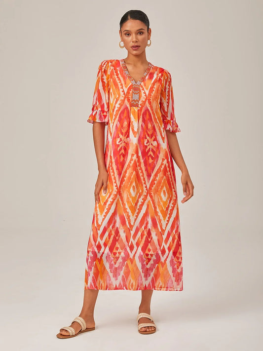Chiffon Ethnic Print Midi V-Neck Dress