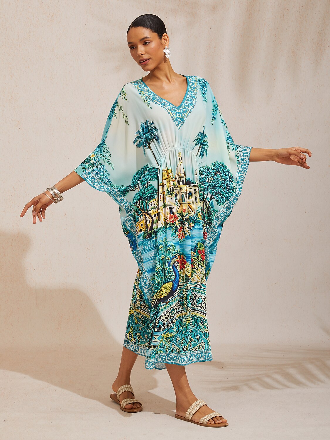 Balearic Islands Blue Flowy Chiffon Dolman Sleeve Kaftan