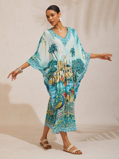 Balearic Islands Blue Flowy Chiffon Dolman Sleeve Kaftan