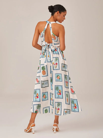 Seamless Pattern Print Halter Neck Maxi Dress
