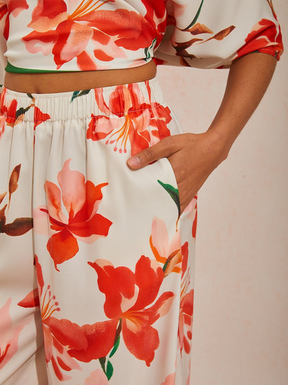 Summer Night Palm Silky Satin Wide Leg Pants