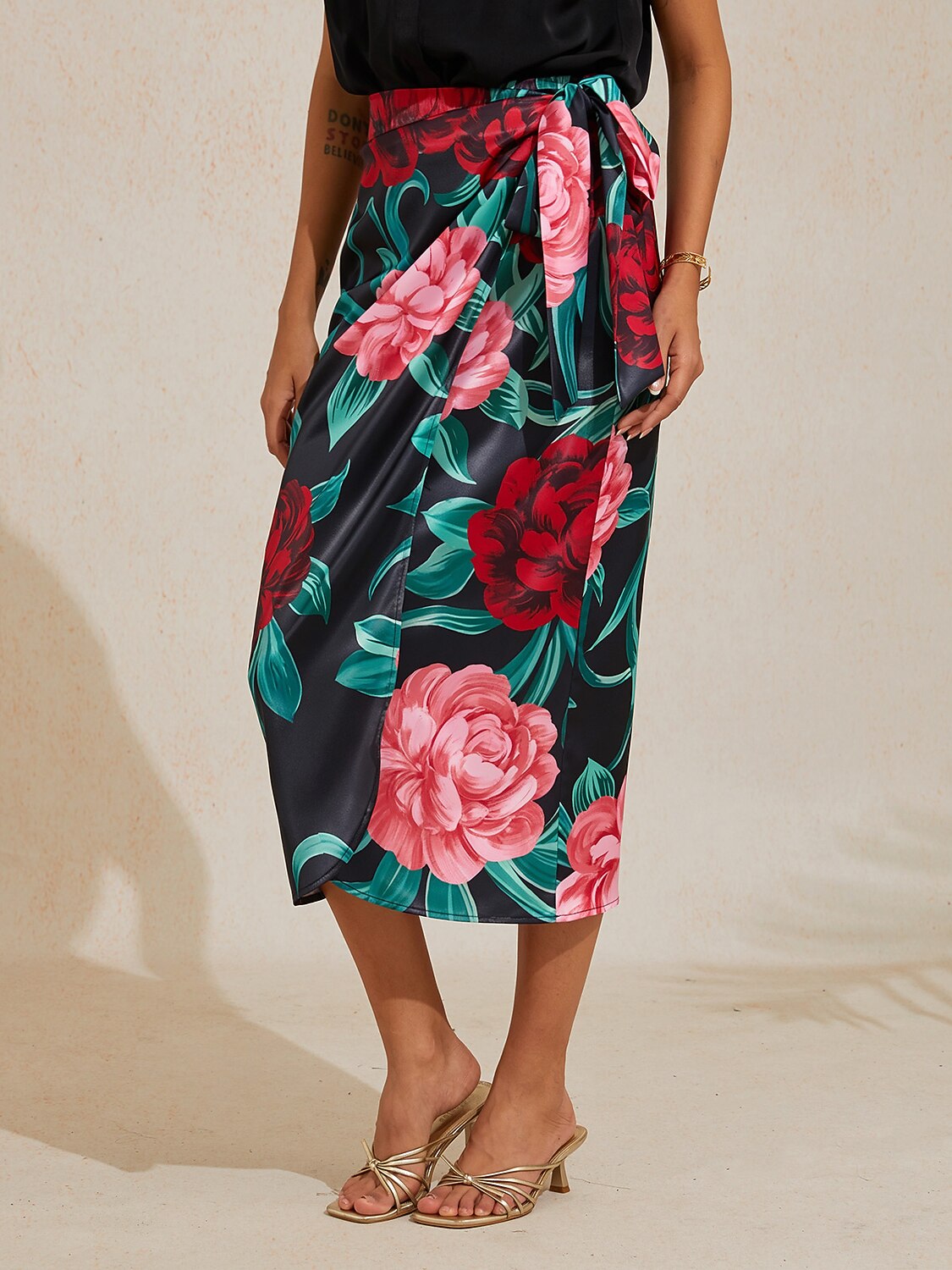 Emerald Rose Garden Silky Satin Wrap Skirt