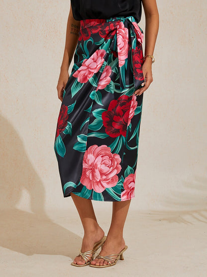 Emerald Rose Garden Silky Satin Wrap Skirt