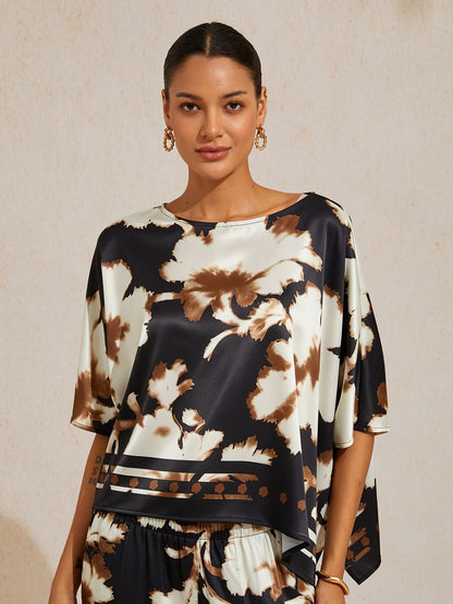 Sepia Noir Bloom Silky Satin Dolman Sleeve Top