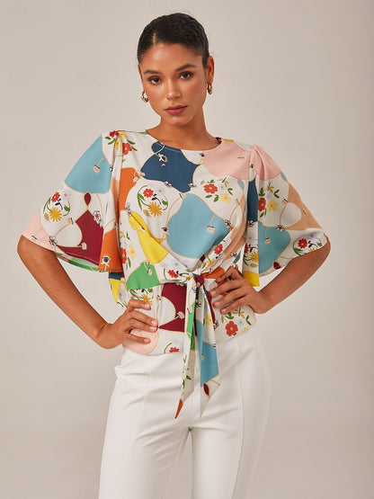 Geometric Floral Tie Front Top
