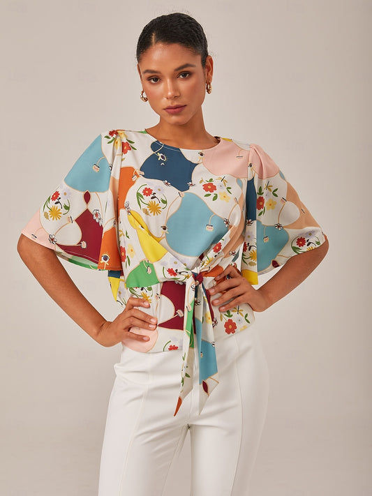 Geometric Floral Tie Front Top