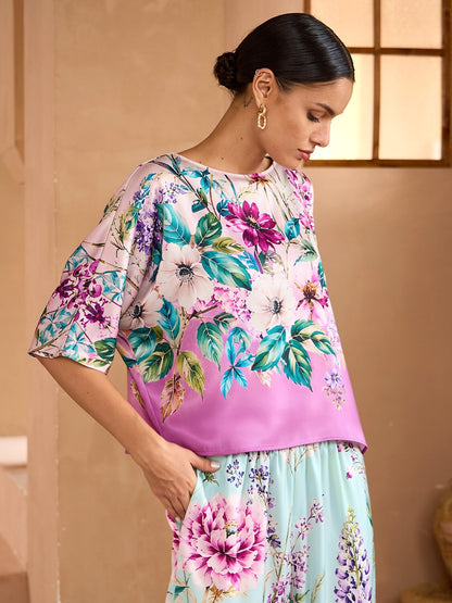 Pastel Garden Silky Satin Batwing Top