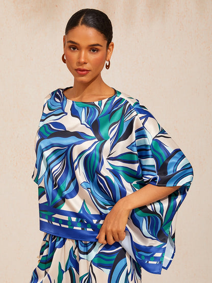 Marble Flora Silky Satin Dolman Sleeve Batwing Top