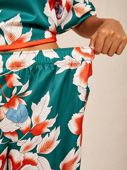 Deep Green Hibiscus Silky Satin Wide Leg Pants