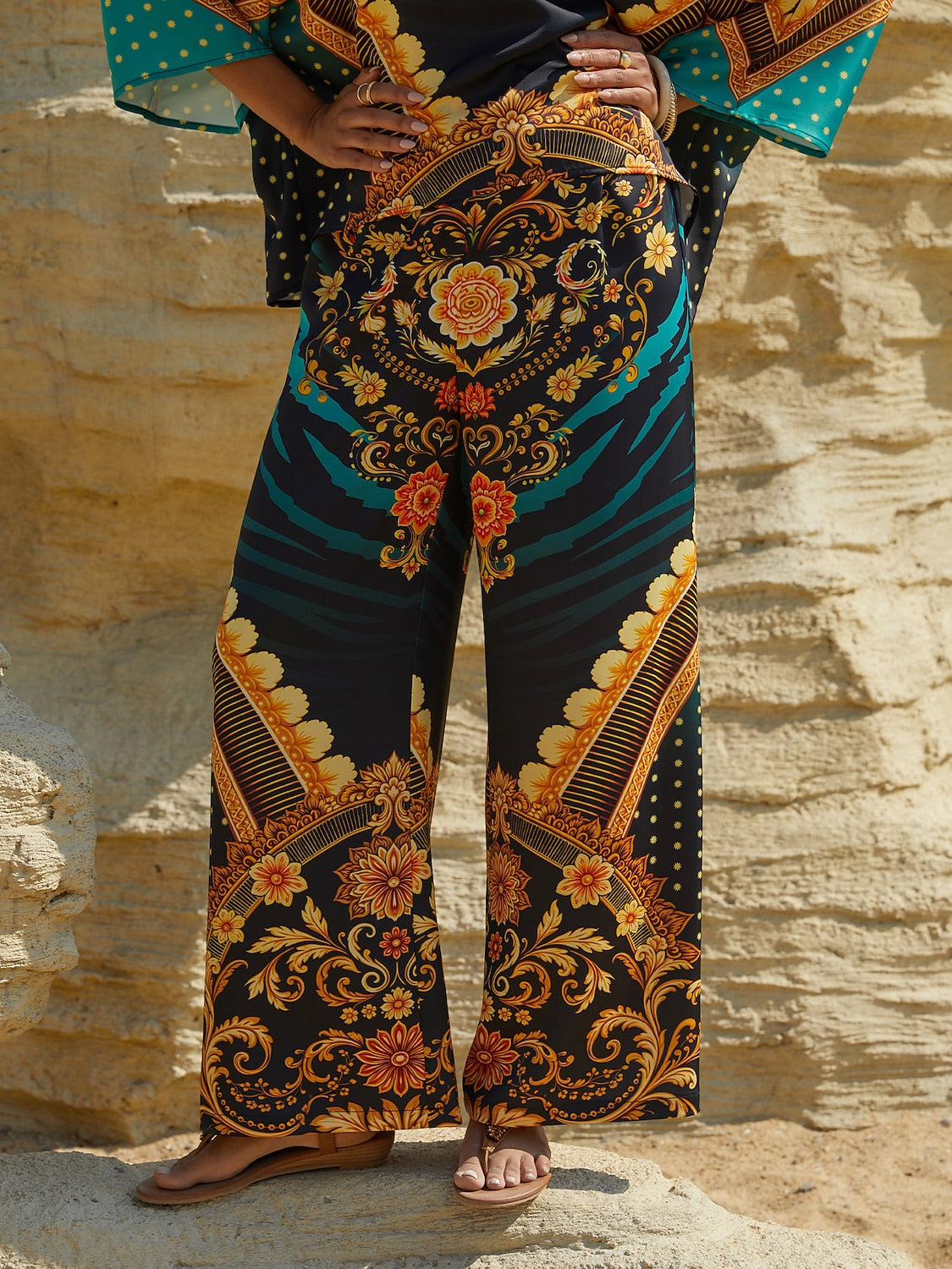 Pantaloni Larghi Vita Elasticizzata Effetto Seta Emerald Empress