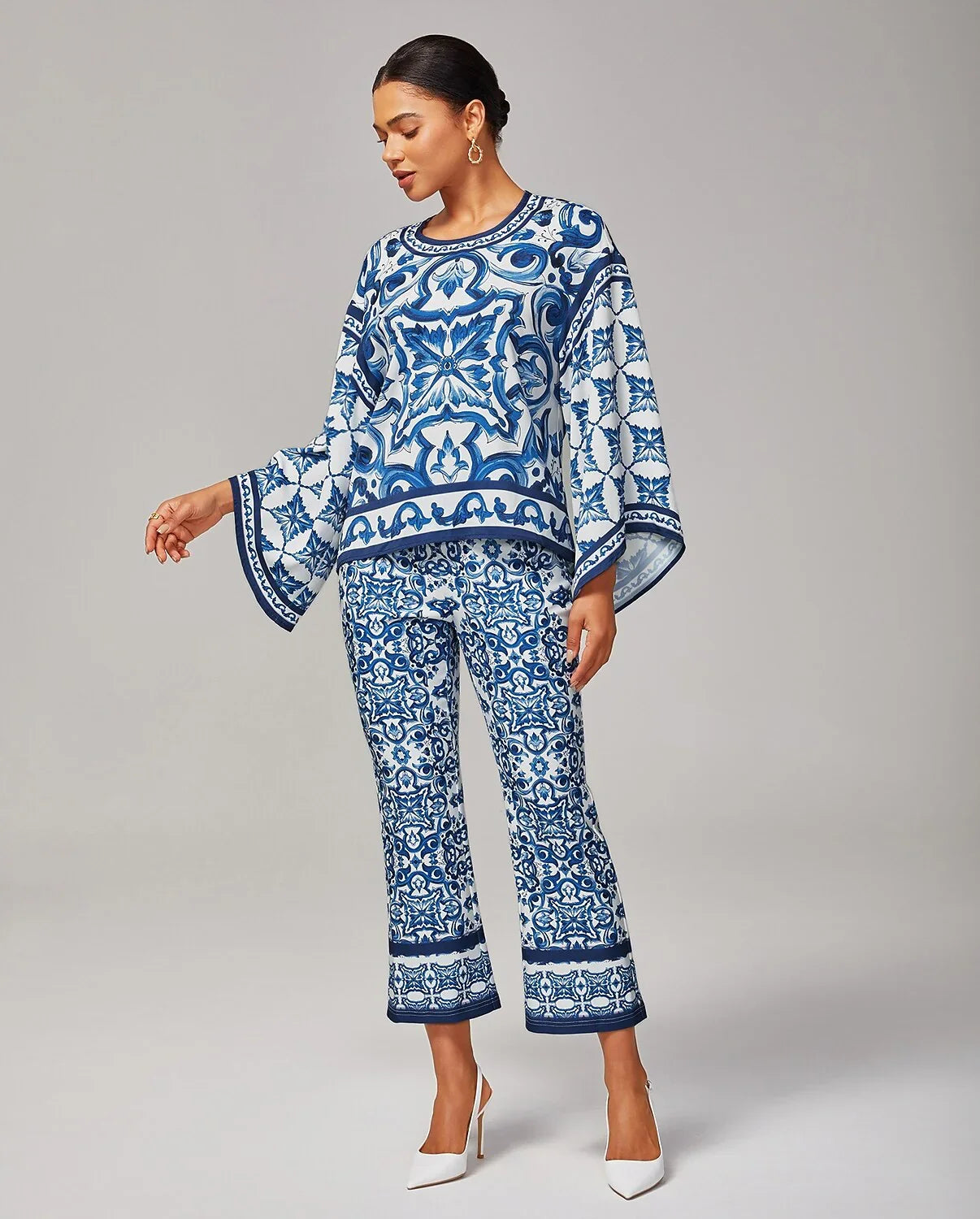 Blue White Porcelain Print Stretch Flare Pants