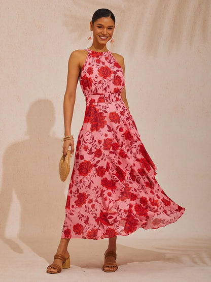 Spring Blooms Flowy Chiffon Waist-cinching Maxi Dress