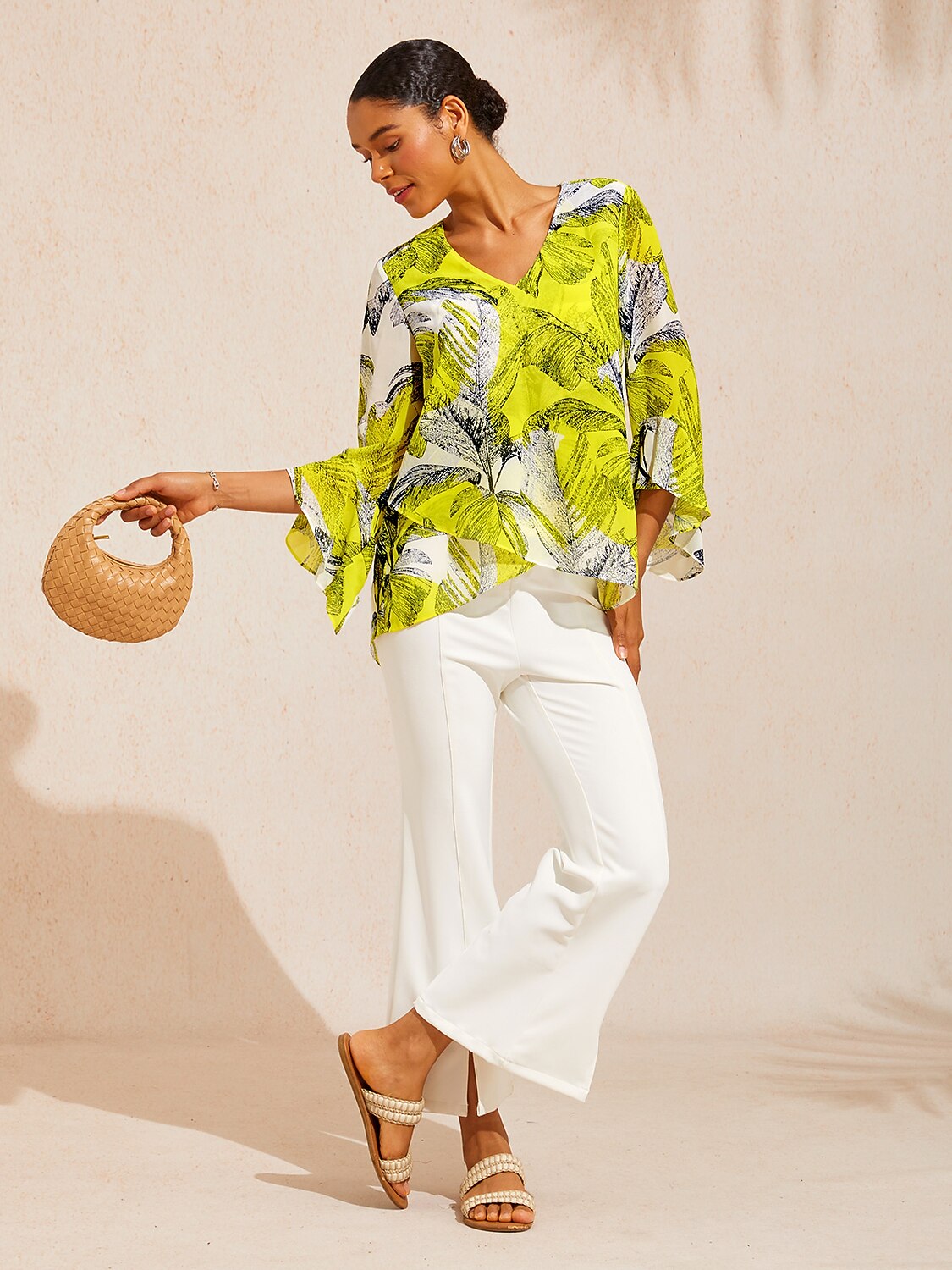 Citrus Palm Luxe Flowy Chiffon Blouse
