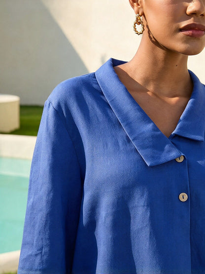 Linen Blend Asymmetric Collar Inverted Pleat Top