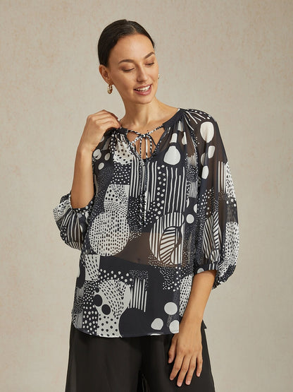 Abstract Print Puff Sleeve V-Neck Chiffon Blouse