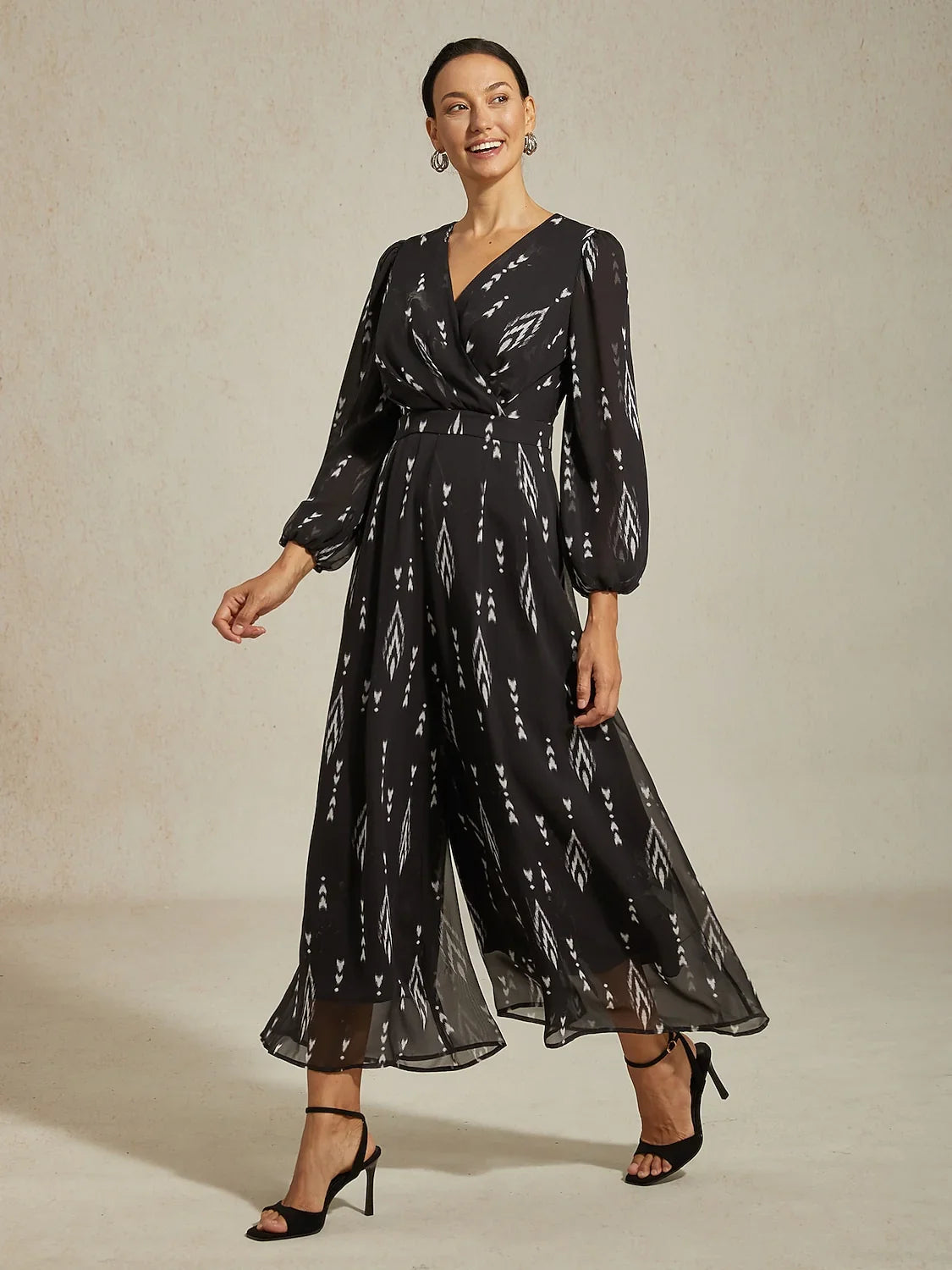 Black Chiffon Geometric Print Wide Leg Waist Cinching Jumpsuit