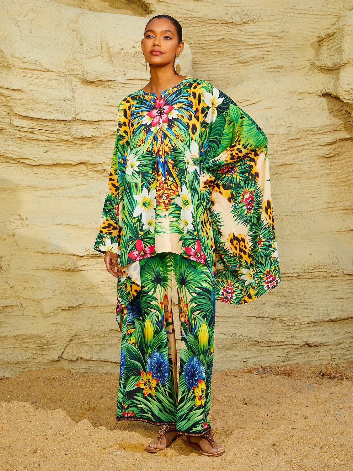 Tropical Temptation Flowy Chiffon Dolman Sleeve Blouse