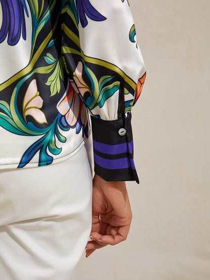 Bird Flower Silky Satin Blouse