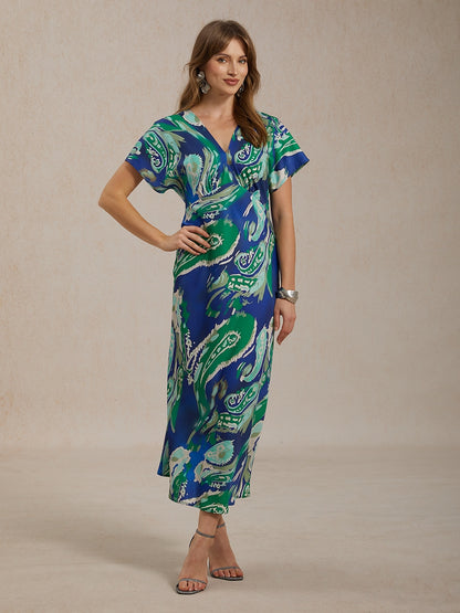 Vacation Satin Green Paisley Print Maxi Dress