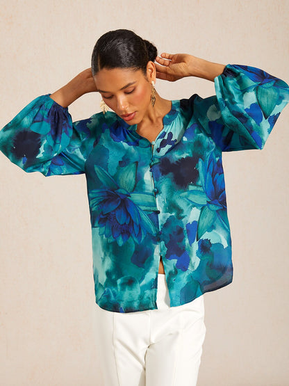 Ocean Bloom Reverie Floral Chiffon Crop Top