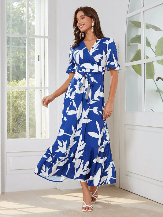 Satin Floral Puff Sleeve Maxi Dress