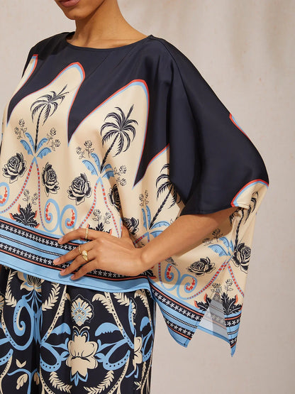Summer Night Palm Silky Satin Dolman Sleeve Top