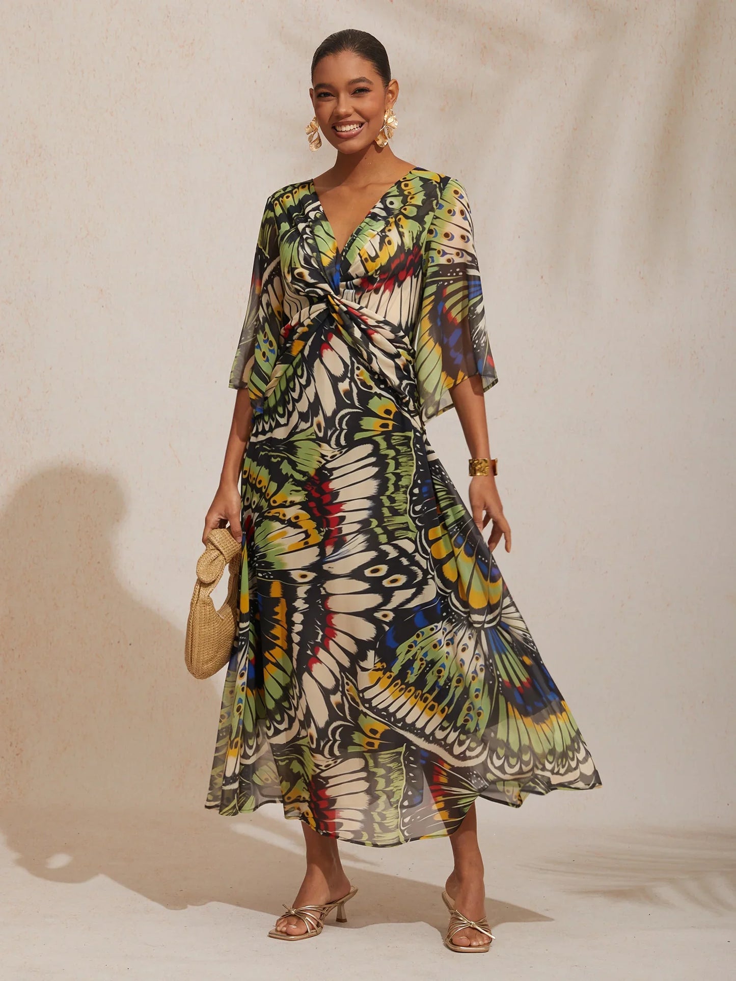Jungle Butterfly Flowy Chiffon Maxi Dress