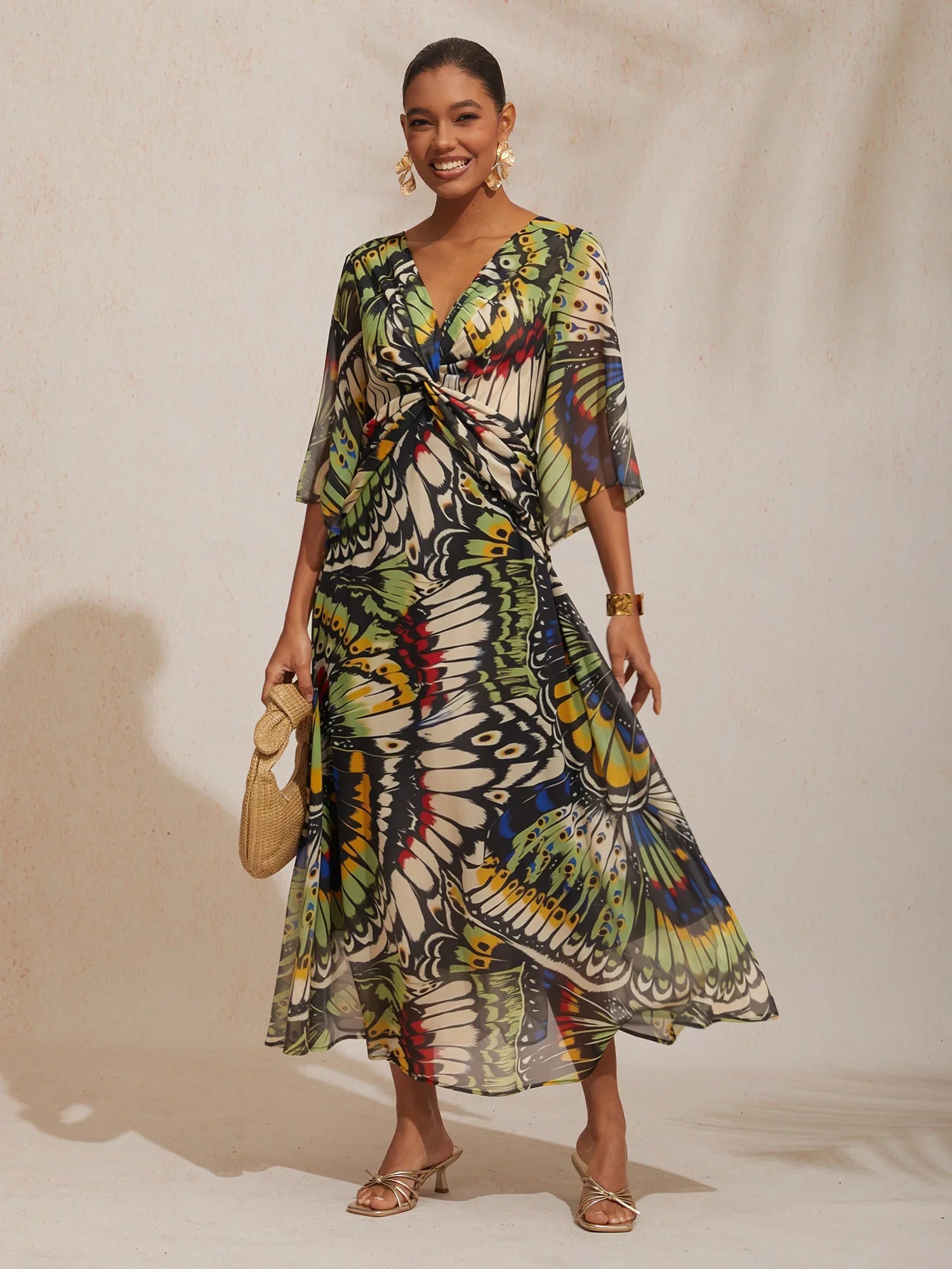 Jungle Butterfly Flowy Chiffon Maxi Dress
