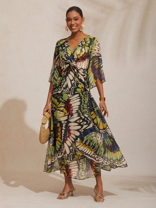 Jungle Butterfly Flowy Chiffon Maxi Dress