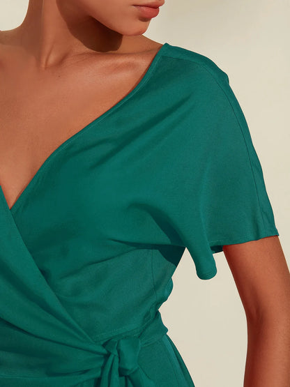 Tencel Linen Shirred Wrap Midi Dress